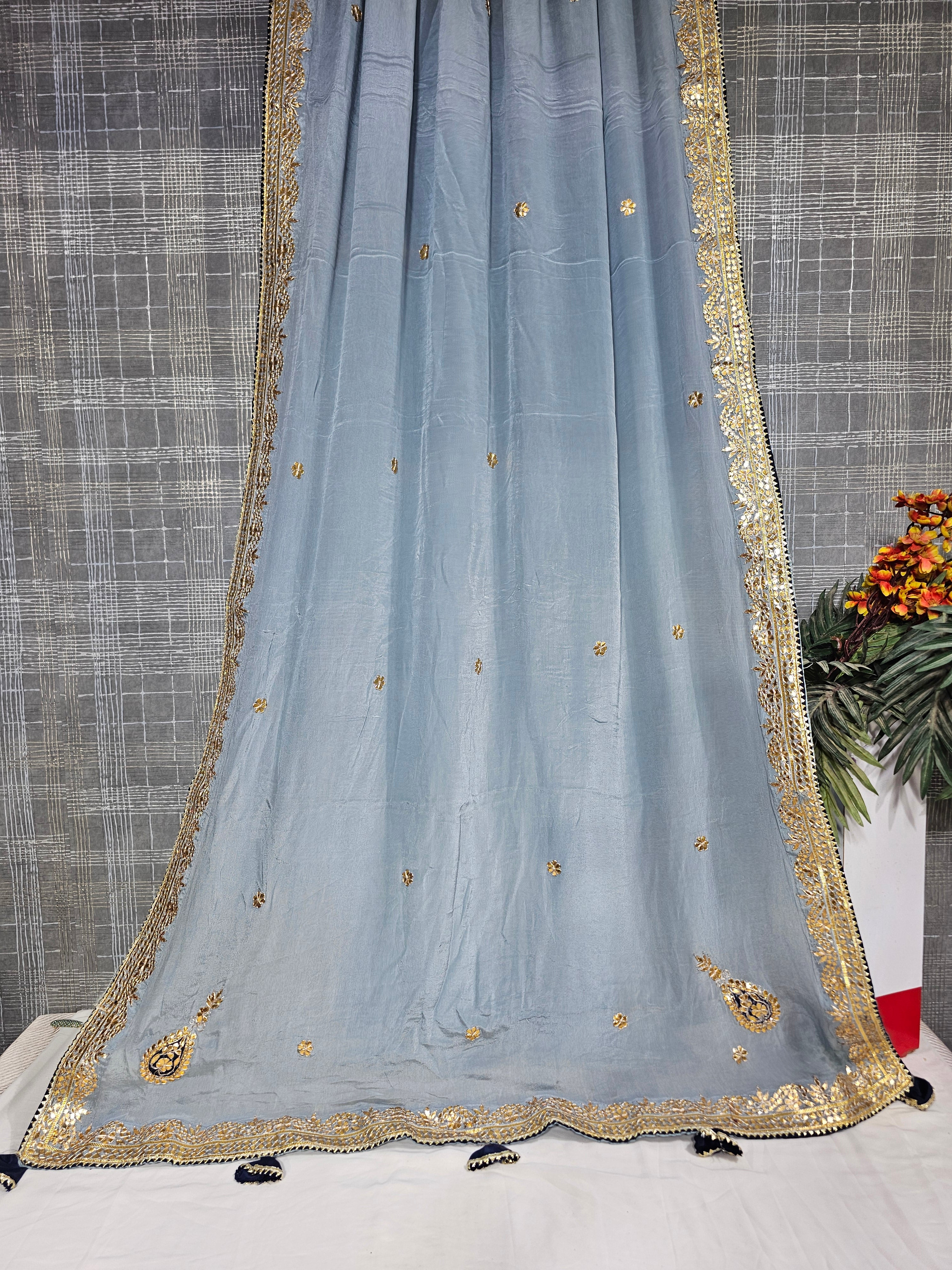 Grey Habutai Silk Saree with Gota Patti Work - Ethically Made, Easy Wash & Sophisticated Festive Wear - Anita Jain Fashions