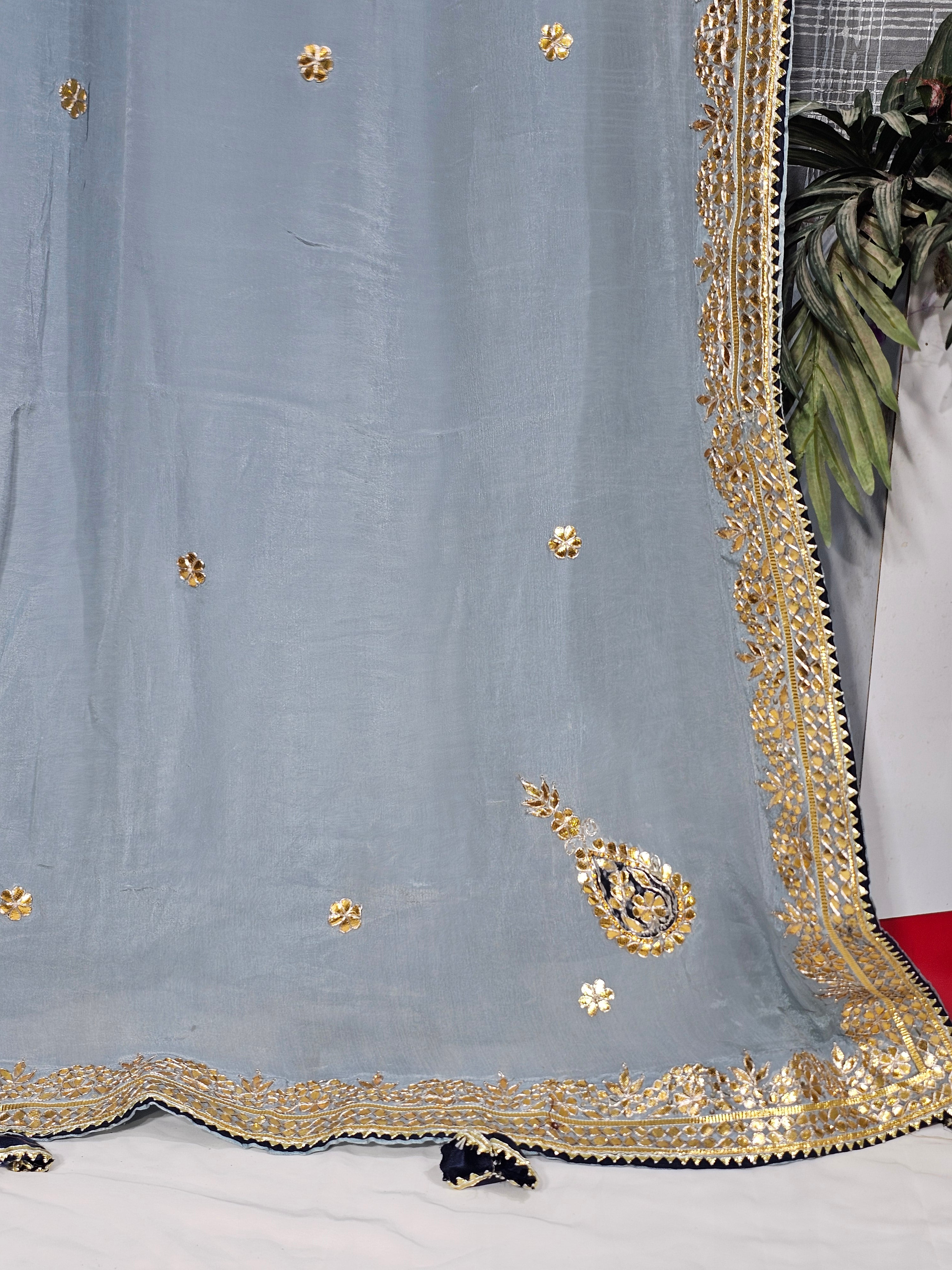 Grey Habutai Silk Saree with Gota Patti Work - Ethically Made, Easy Wash & Sophisticated Festive Wear - Anita Jain Fashions