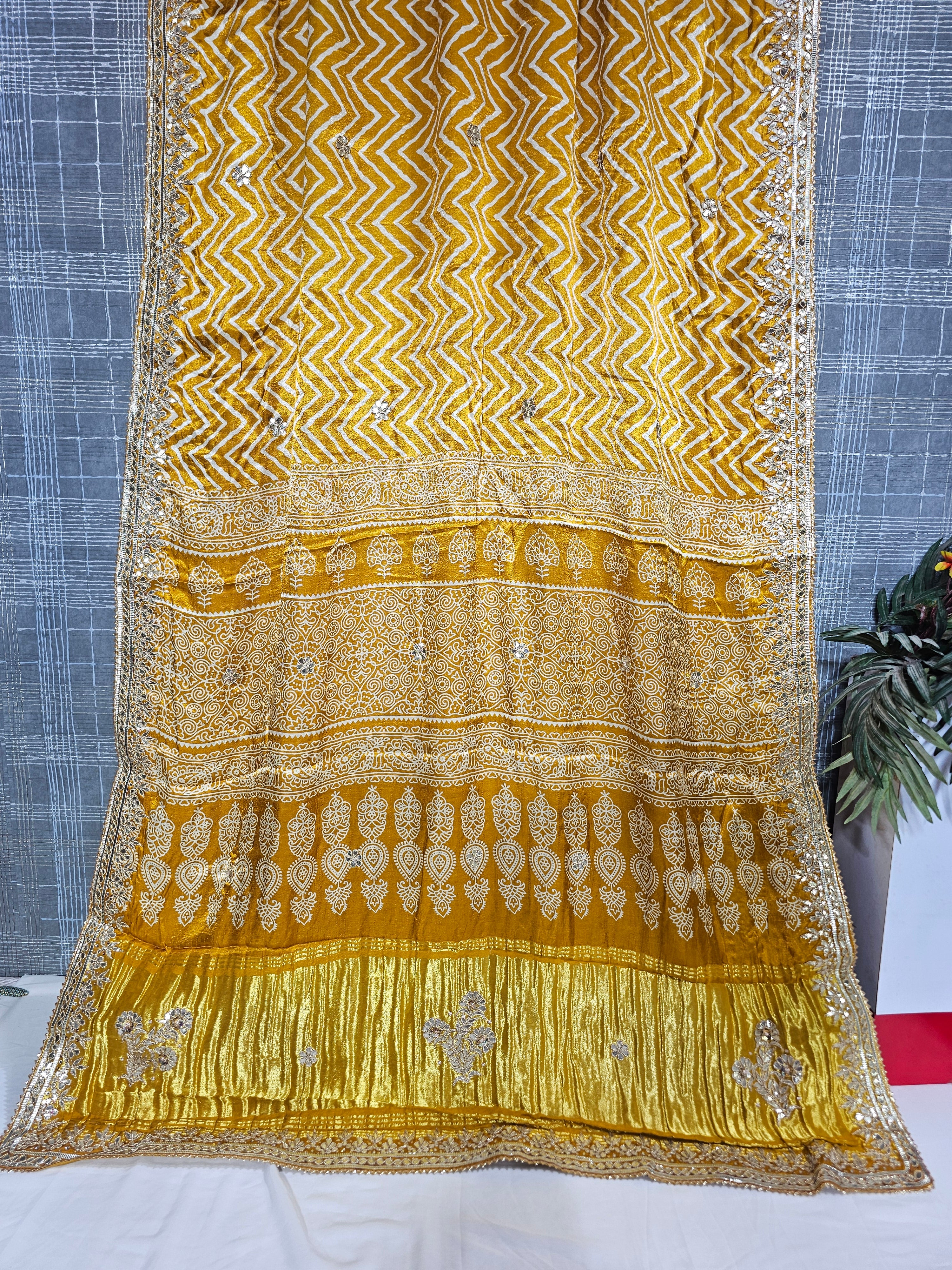 Long booty Yellow Modal Gajji Saree with Gota Patti Work - Ethically Made, Easy Wash & Vibrant Festive Wear - Anita Jain Fashions