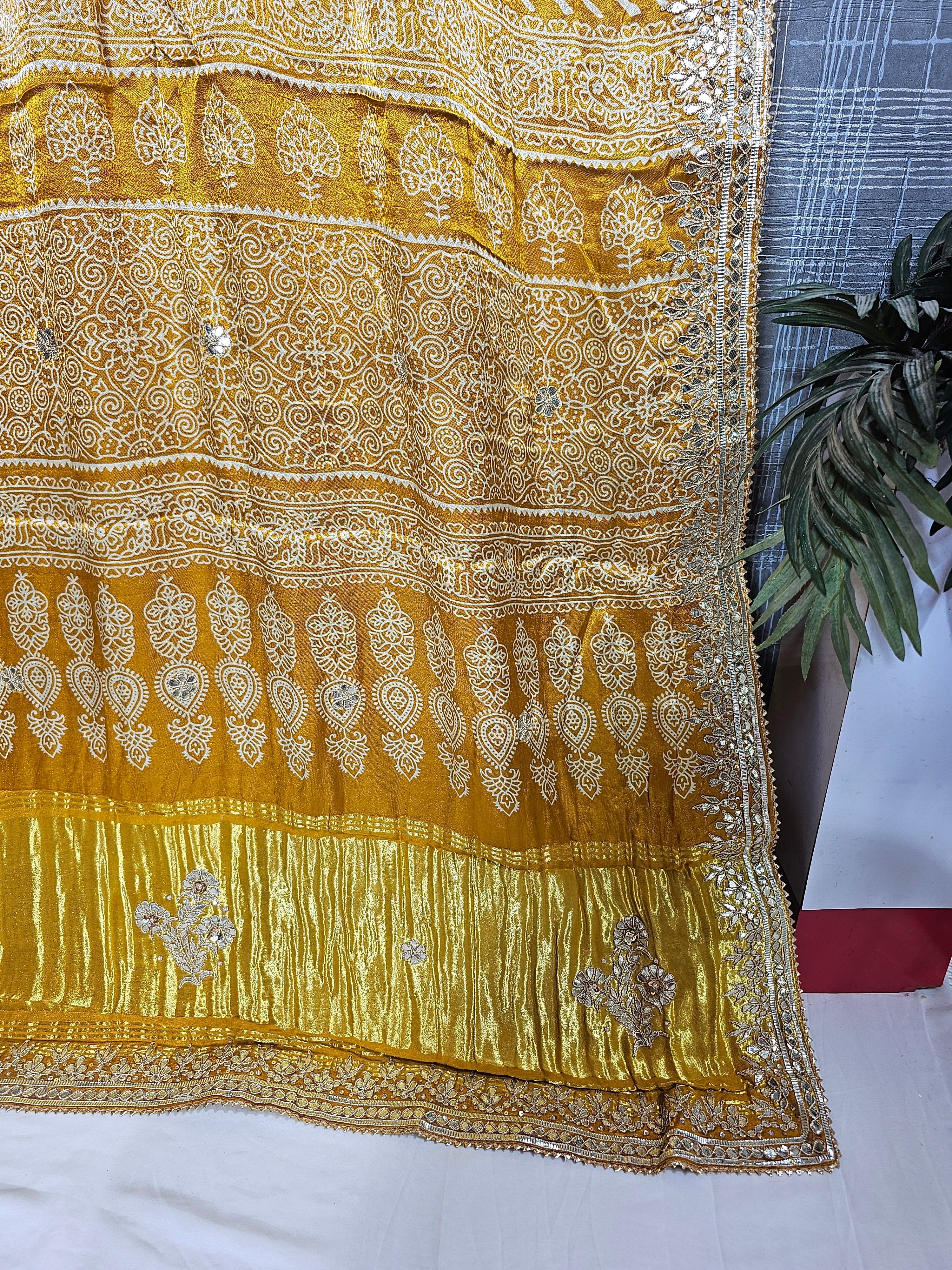 Long booty Yellow Modal Gajji Saree with Gota Patti Work - Ethically Made, Easy Wash & Vibrant Festive Wear - Anita Jain Fashions