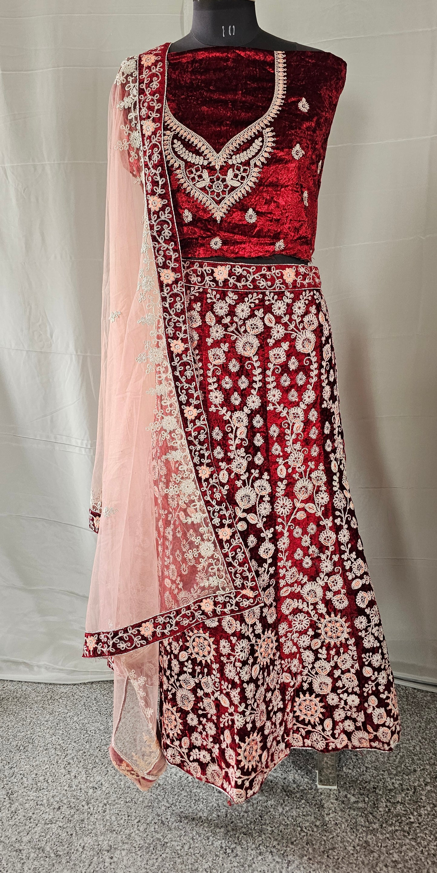 Mehroon Velvet Lehenga with Golden Thread Zari Embroidery, Swarovski Work, Designer Blouse & Dupatta - Anita Jain Fashions