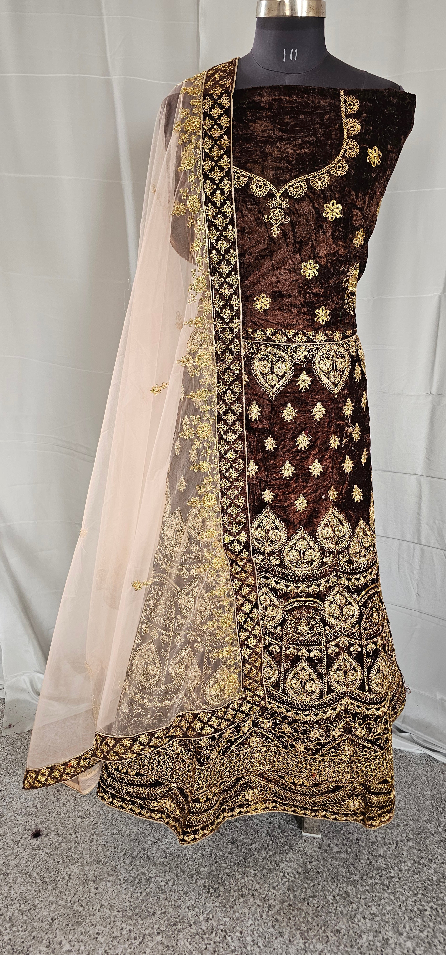 Coffee Velvet Lehenga with Golden Thread Zari Embroidery, Swarovski Work, Designer Blouse & Dupatta