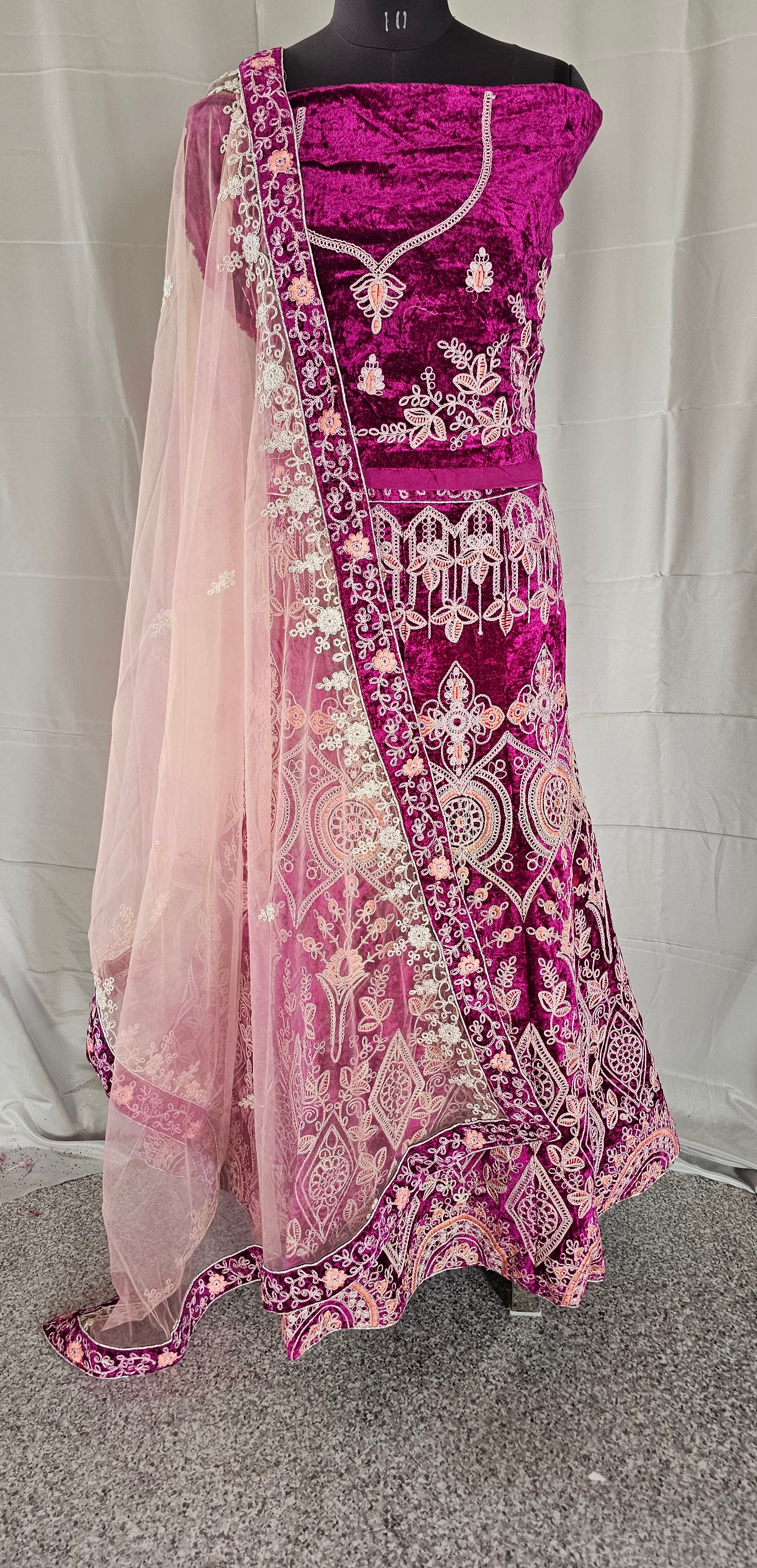 Magenta Velvet Lehenga with Golden Thread Zari Embroidery, Swarovski Work, Designer Blouse & Dupatta