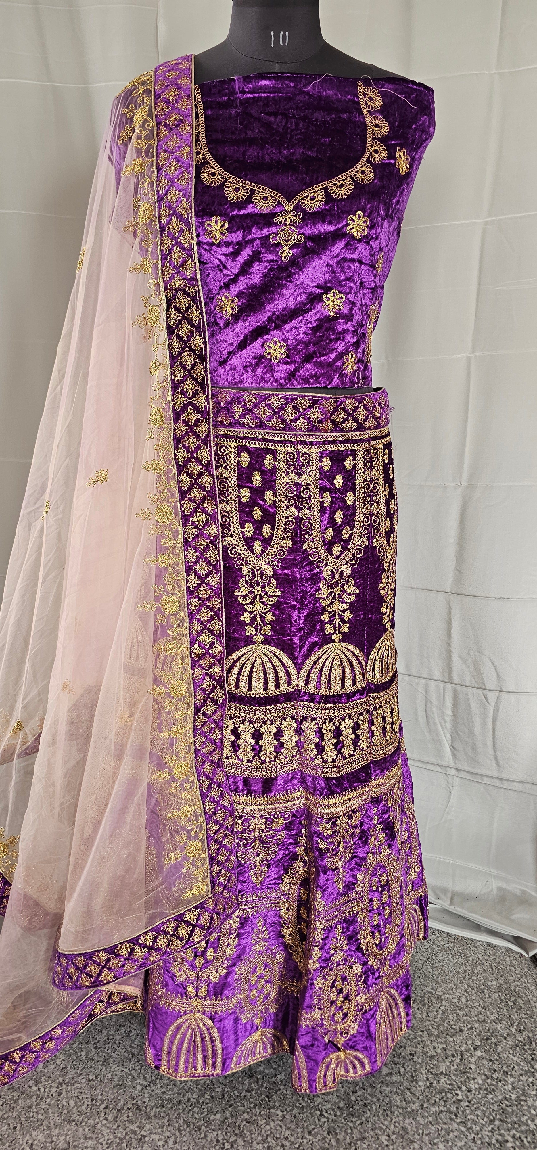 Brinjal Velvet Lehenga with Golden Thread Zari Embroidery, Swarovski Work, Designer Blouse & Dupatta