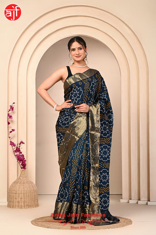 Teal Blue HO Silk Saree with Zari Weaving and Bandhani Design, Includes Blouse Piece