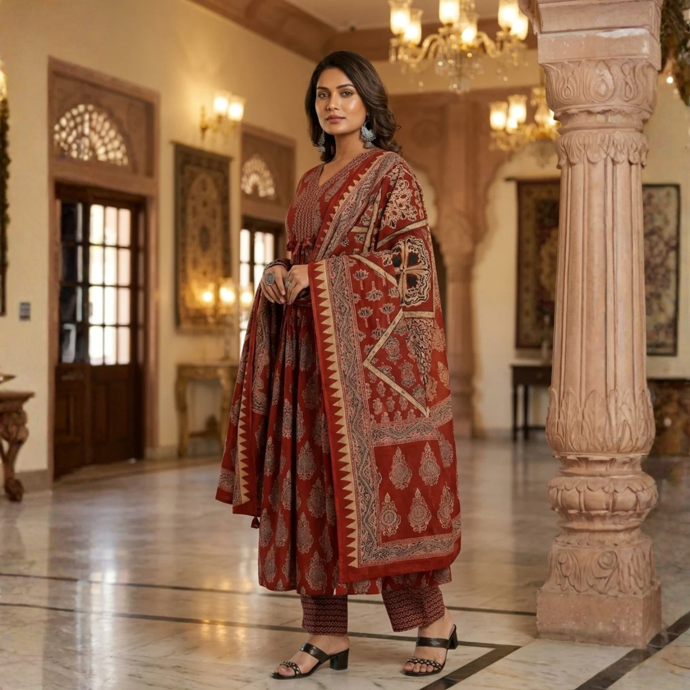 Royal Rust Printed Kurta Set with Traditional Dupatta