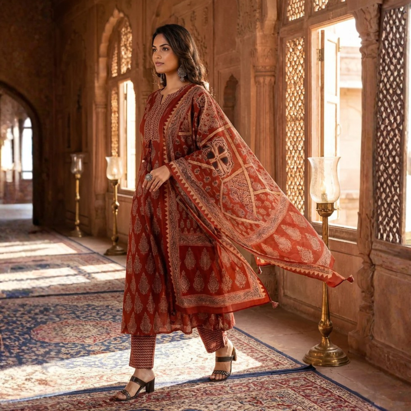 Royal Rust Printed Kurta Set with Traditional Dupatta