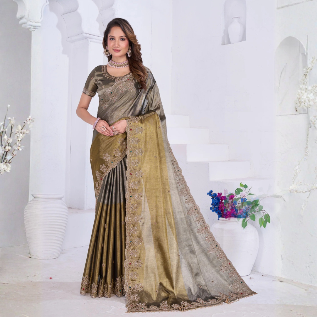 Olive Gold Embroidered Saree with Handcrafted Blouse