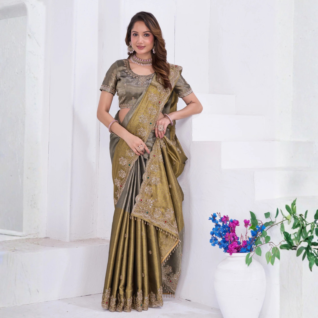 Olive Gold Embroidered Saree with Handcrafted Blouse