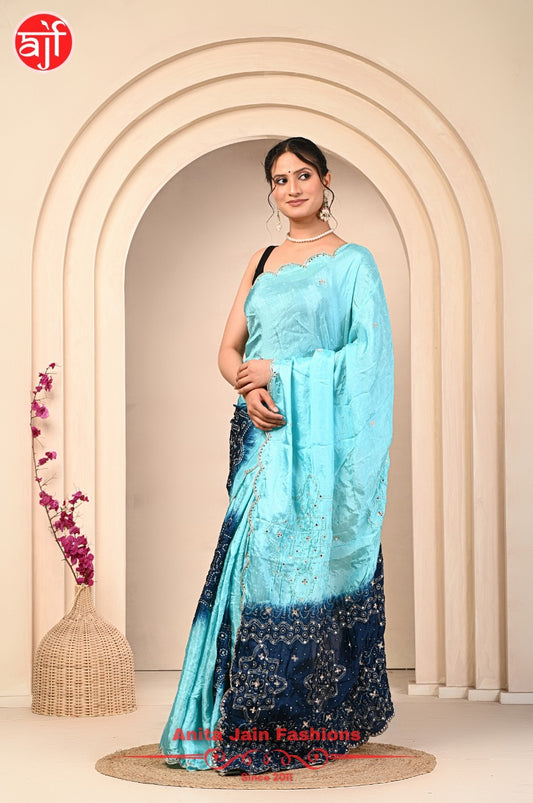 HO Silk Firoji Teal Blue Saree with Cut Work and Bandhani Design