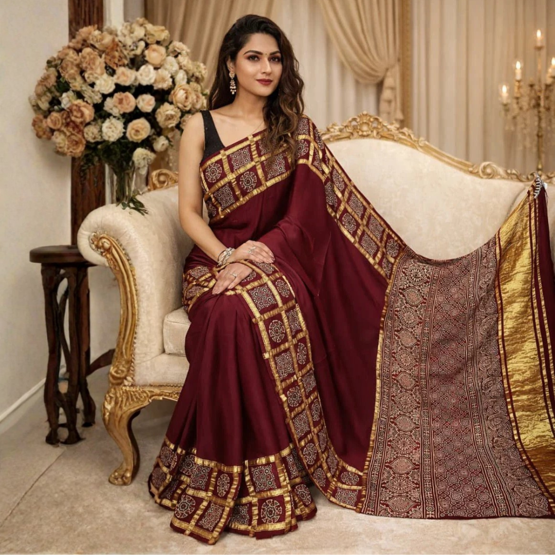 Maroon Gajji Silk Handblock Ghatchola Saree