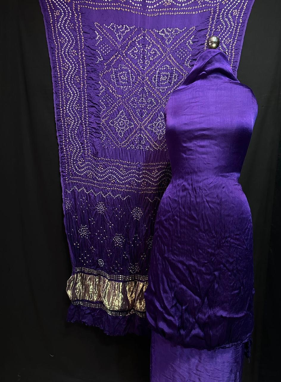 "Purple Modaal Gajji Silk 3-piece suit set with hand Bandhani and Lagdi Patta dupatta – Anita Jain Fashions"