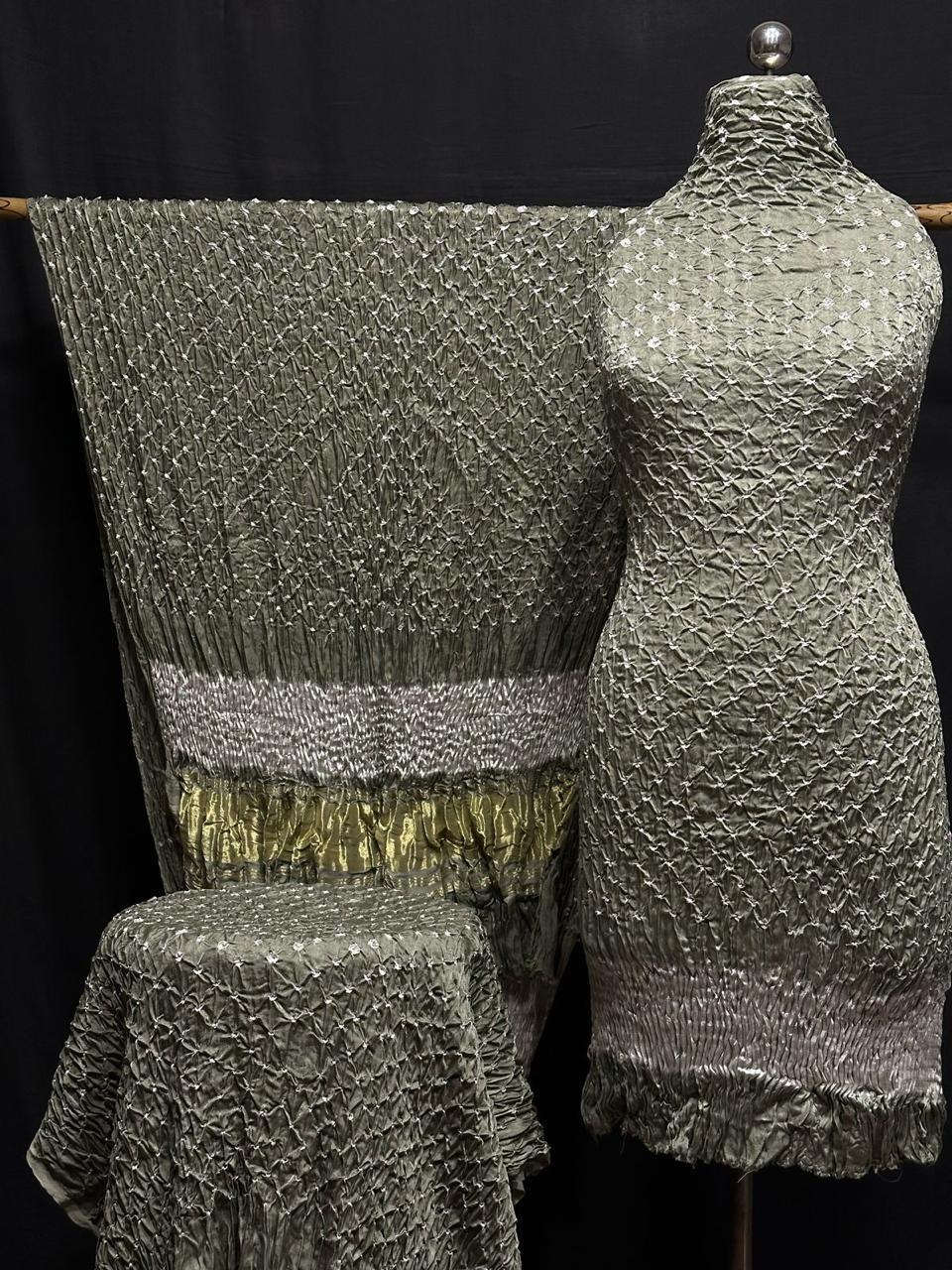 "Olive Grey Modaal Gajji Silk 3-piece suit set with hand Bandhani and Lagdi Patta dupatta – Anita Jain Fashions"
