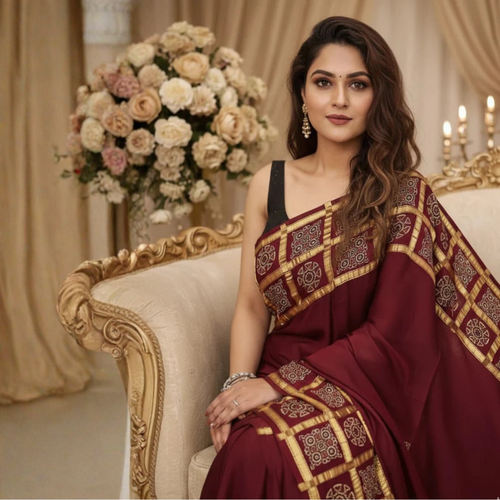 Maroon Gajji Silk Handblock Ghatchola Saree