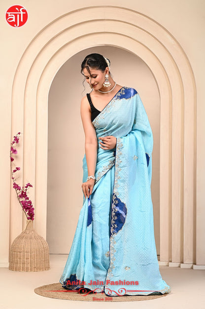 HO Silk Jacquard Saree with Gota Patti Work and Contrast Pallu
