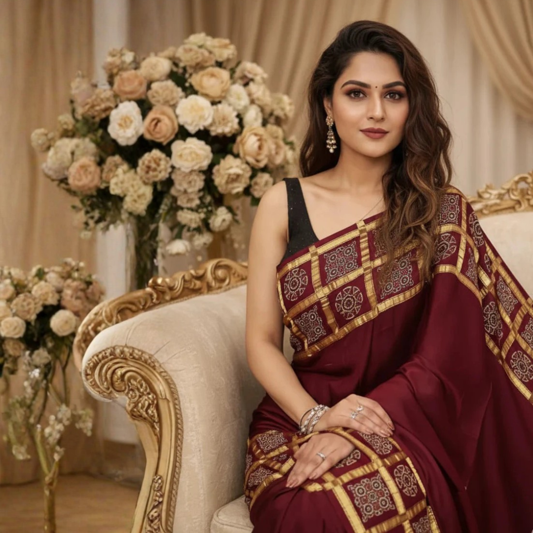 Maroon Gajji Silk Handblock Ghatchola Saree