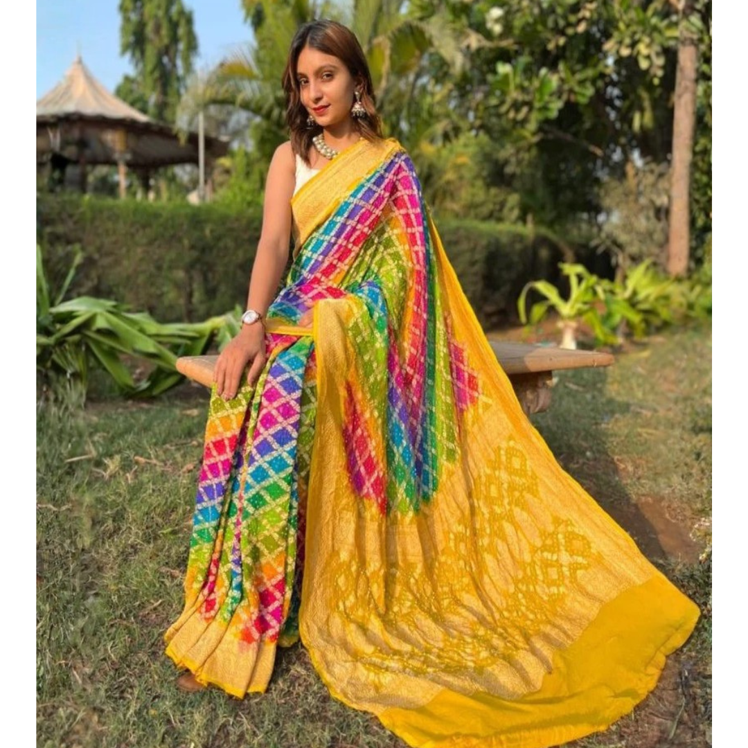 Khaddi Georgette Bandhani Saree with Neemjari Work – Haldi Wear