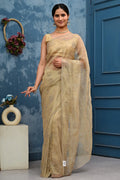 Cream Gold Floral Embroidered Saree with Metallic Threadwork
