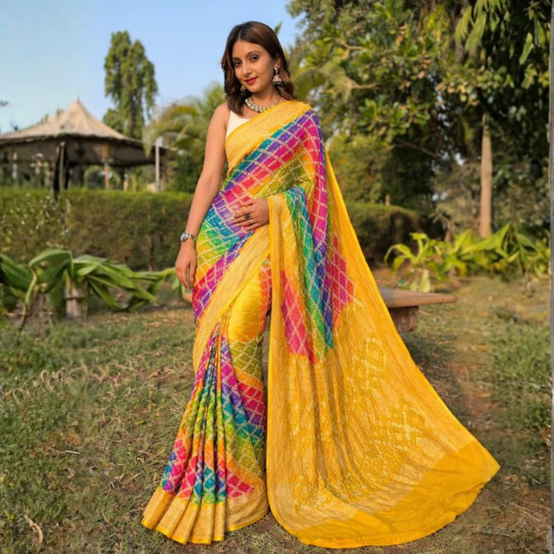 Khaddi Georgette Bandhani Saree with Neemjari Work – Haldi Wear