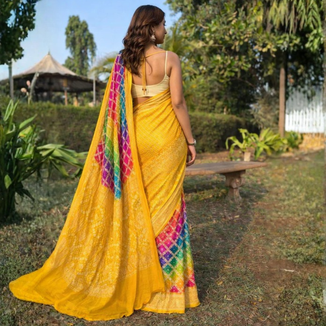 Khaddi Georgette Bandhani Saree with Neemjari Work – Haldi Wear