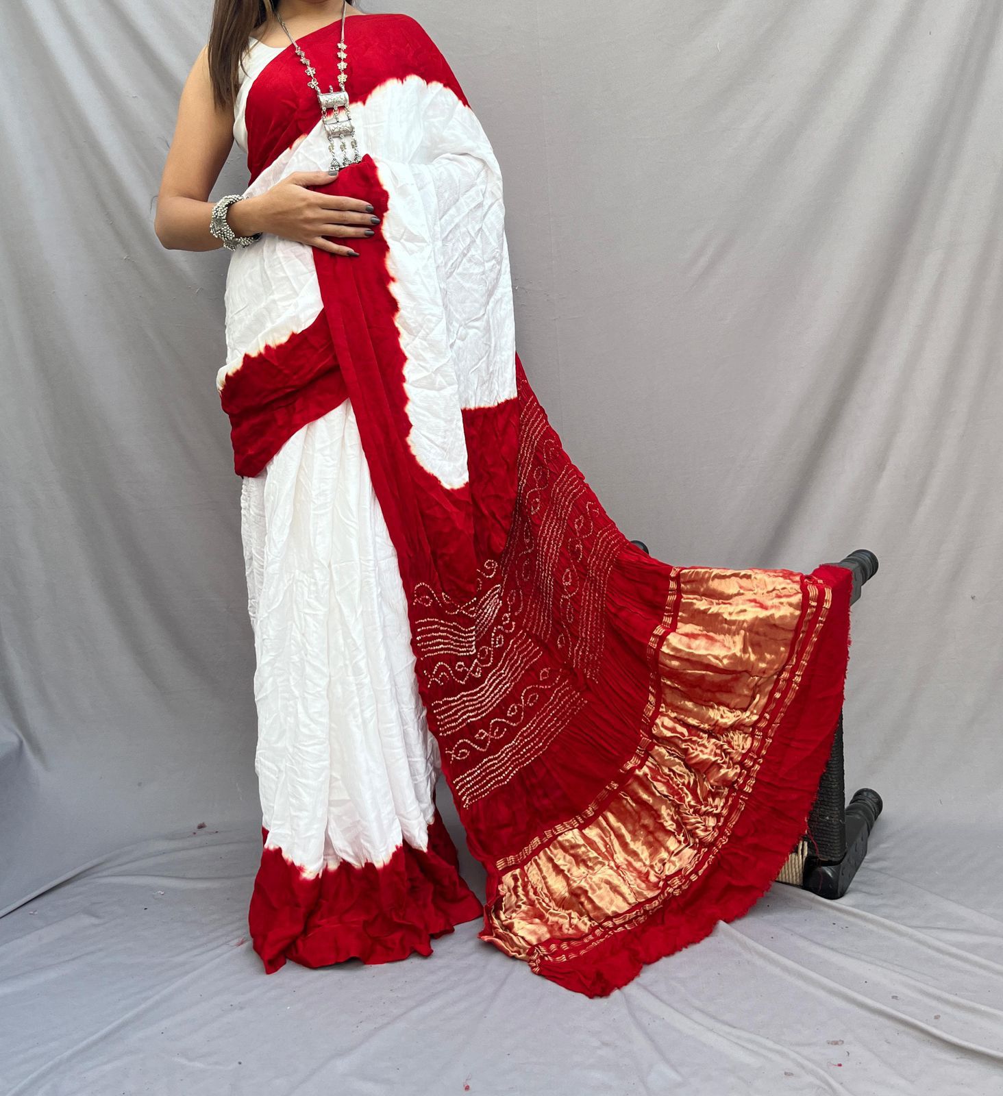 Red Pure Gajji Silk Saree with Lagdi Patta - Hand Bandhej, Ethically Made - Anita Jain Fashions