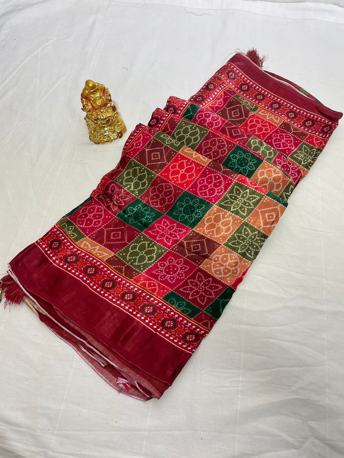 Pure Gazzi Silk Printed Bandhani Saree with Lagdi Patta pallu