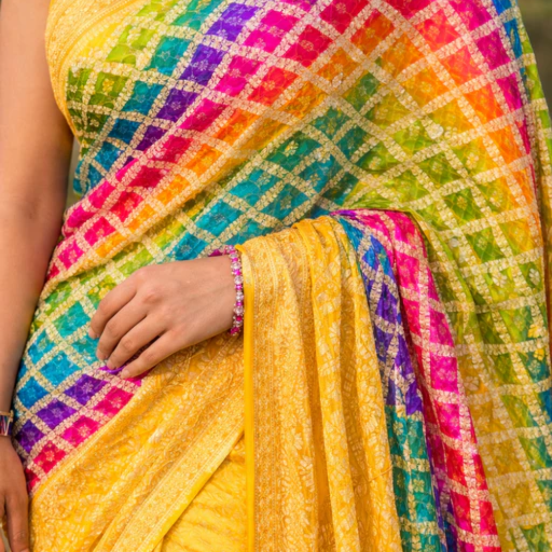 Khaddi Georgette Bandhani Saree with Neemjari Work – Haldi Wear