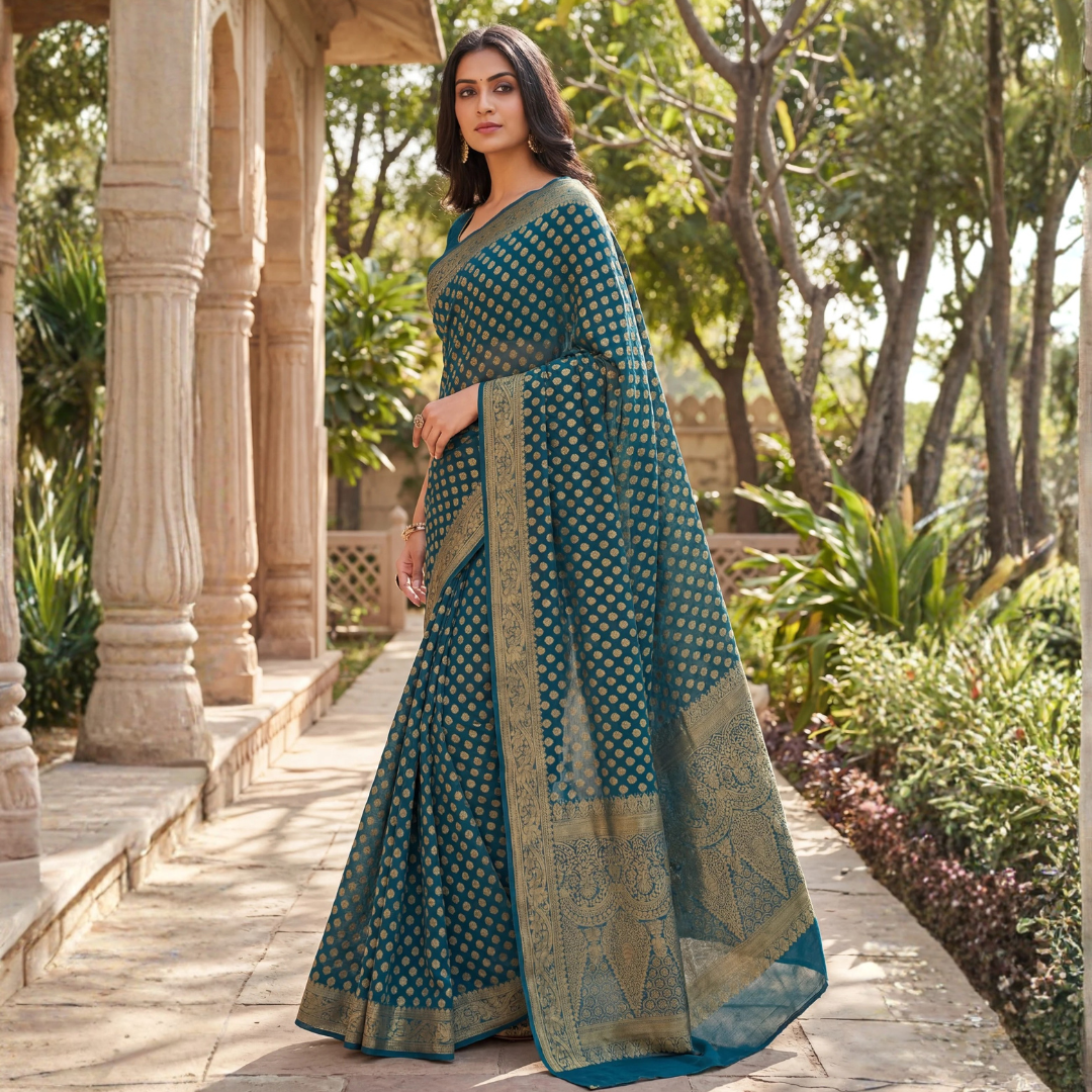 Teal Elegance Georgette Banarasi Saree with Gold Zari Butti & Rich Border