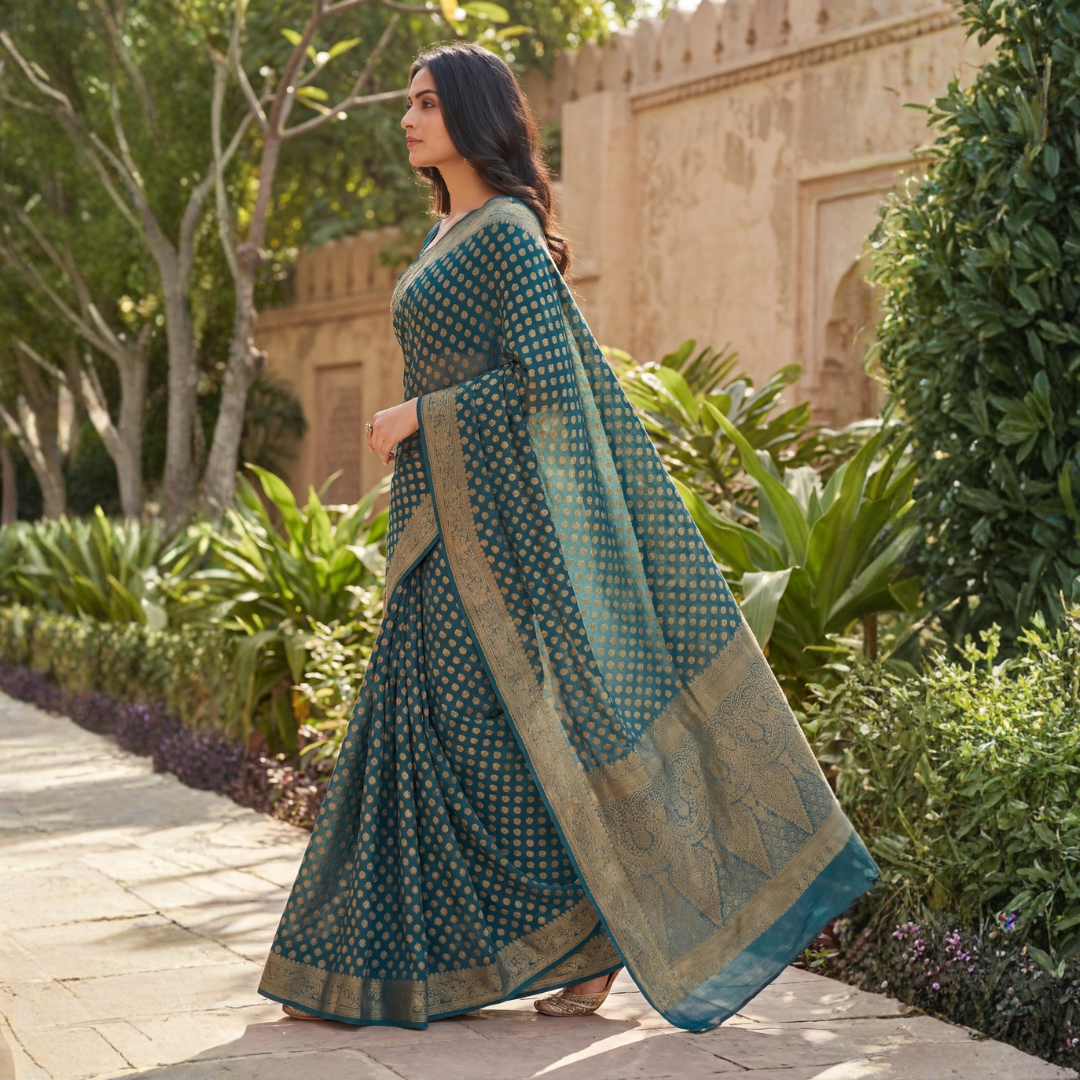Teal Elegance Georgette Banarasi Saree with Gold Zari Butti & Rich Border