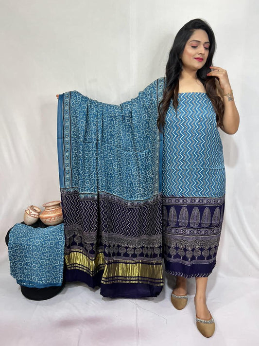 “Sky Blue Modaal Gajji Silk Bandhani Suit Set with purple Lagdi Patta Dupatta – Anita Jain Fashions”