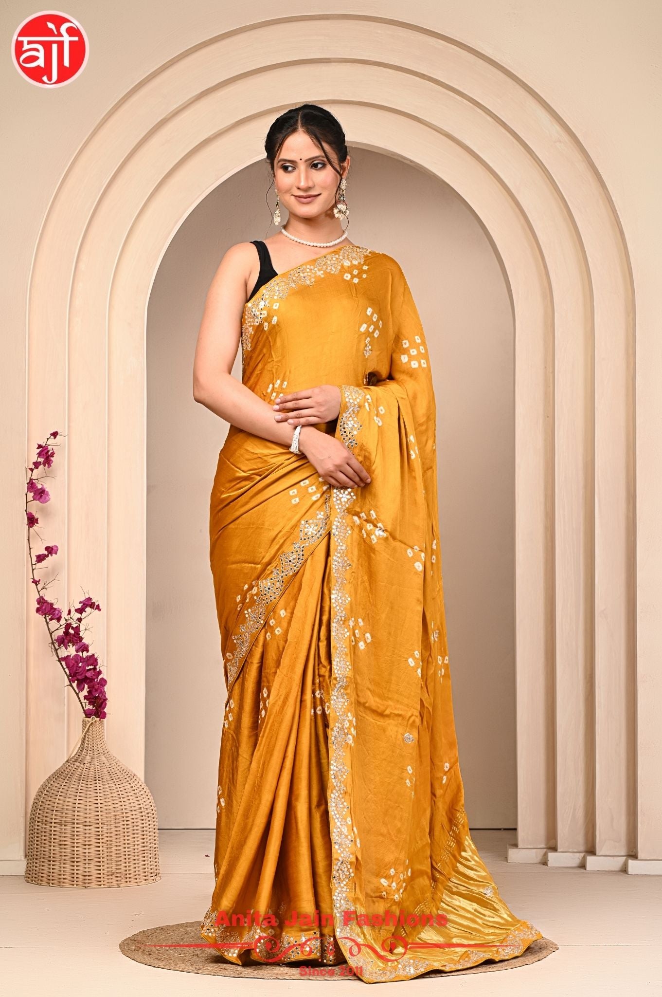 Modal Gajji Silk Saree with Cut Work and Bandhani Design, Includes Blouse Piece