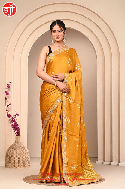 Modal Gajji Silk Saree with Cut Work and Bandhani Design, Includes Blouse Piece
