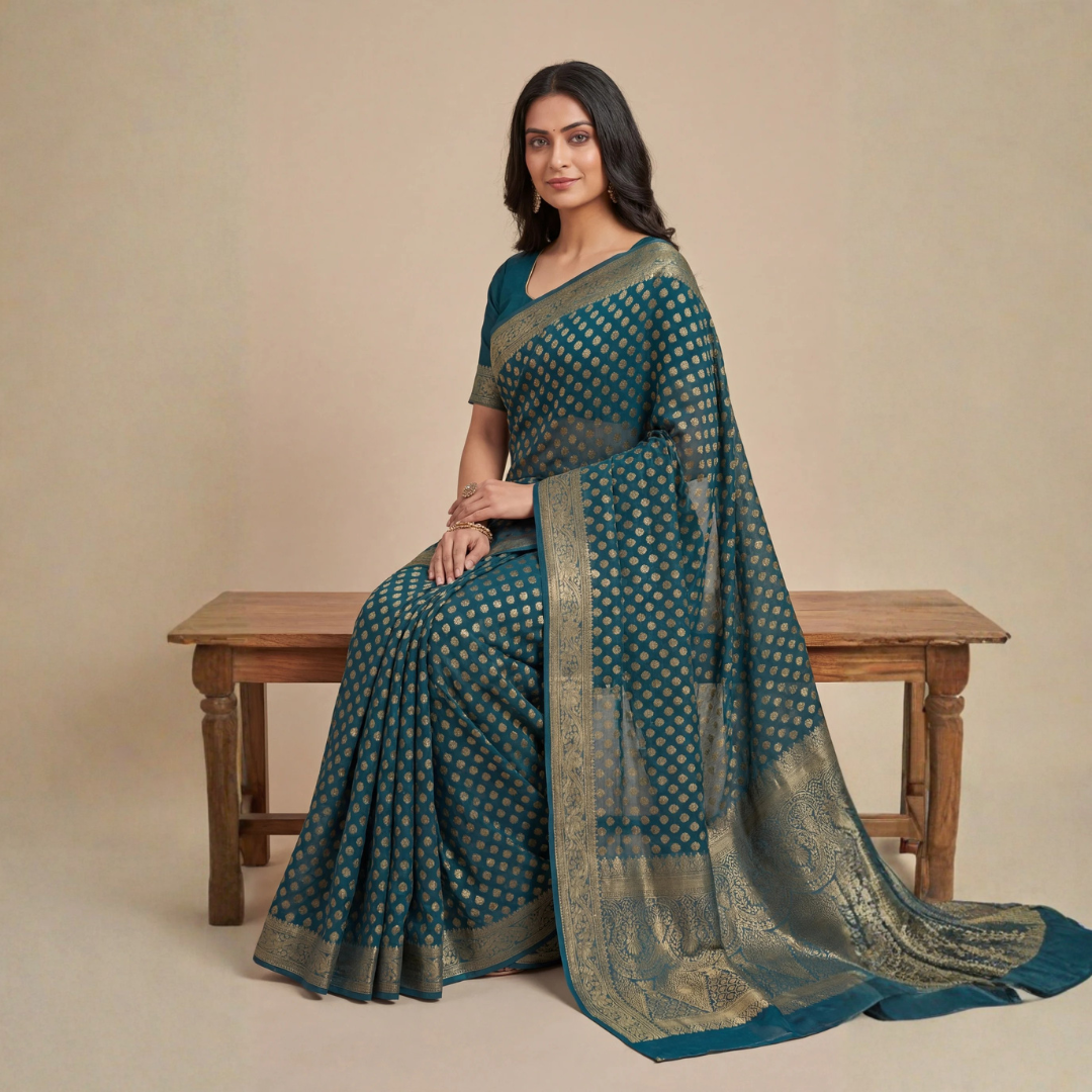 Teal Elegance Georgette Banarasi Saree with Gold Zari Butti & Rich Border