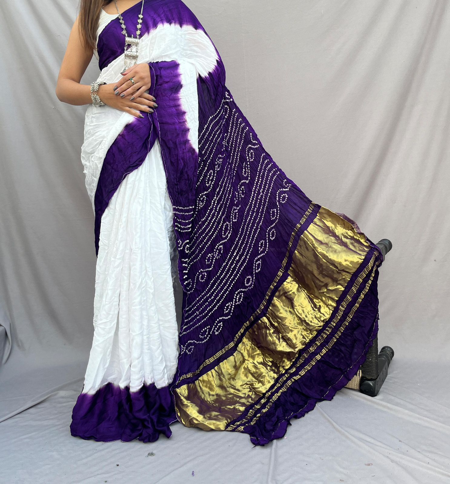 Purple Pure Gajji Silk Saree with Lagdi Patta - Hand Bandhej, Ethically Made - Anita Jain Fashions