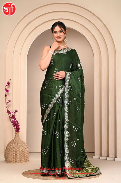 Modal Gajji Silk Saree with Cut Work and Bandhani Design, Includes Blouse Piece
