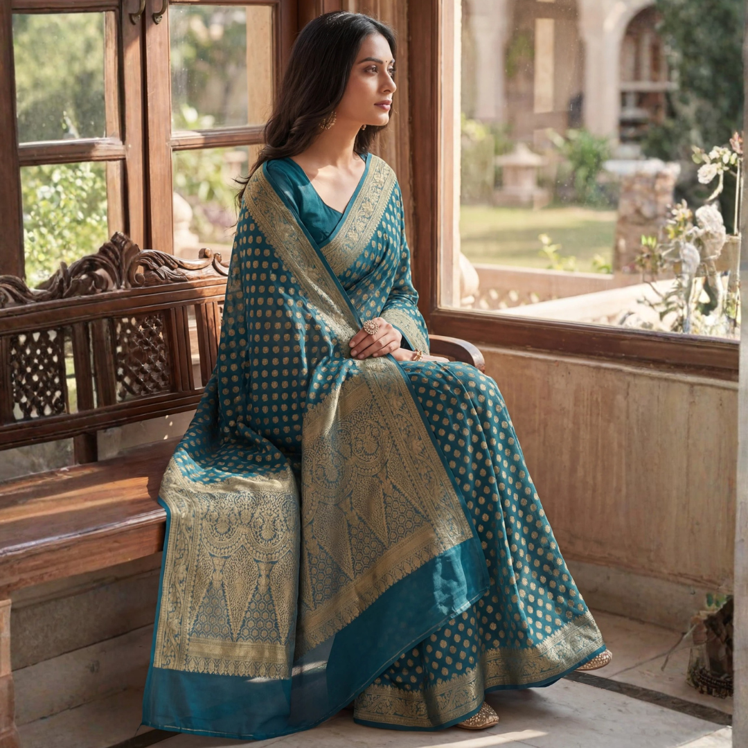 Teal Elegance Georgette Banarasi Saree with Gold Zari Butti & Rich Border