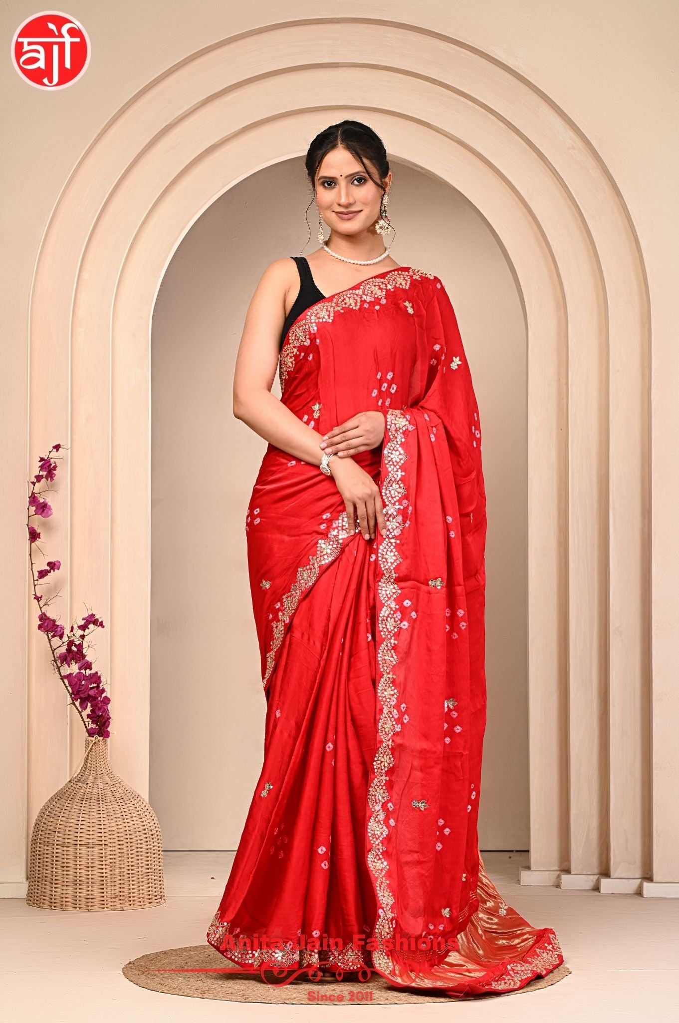 Modal Gajji Silk Saree with Cut Work and Bandhani Design, Includes Blouse Piece