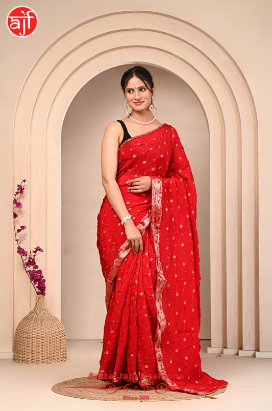 Red HO Silk Saree with Bandhani Design and Zari Weaving, Includes Blouse Piece
