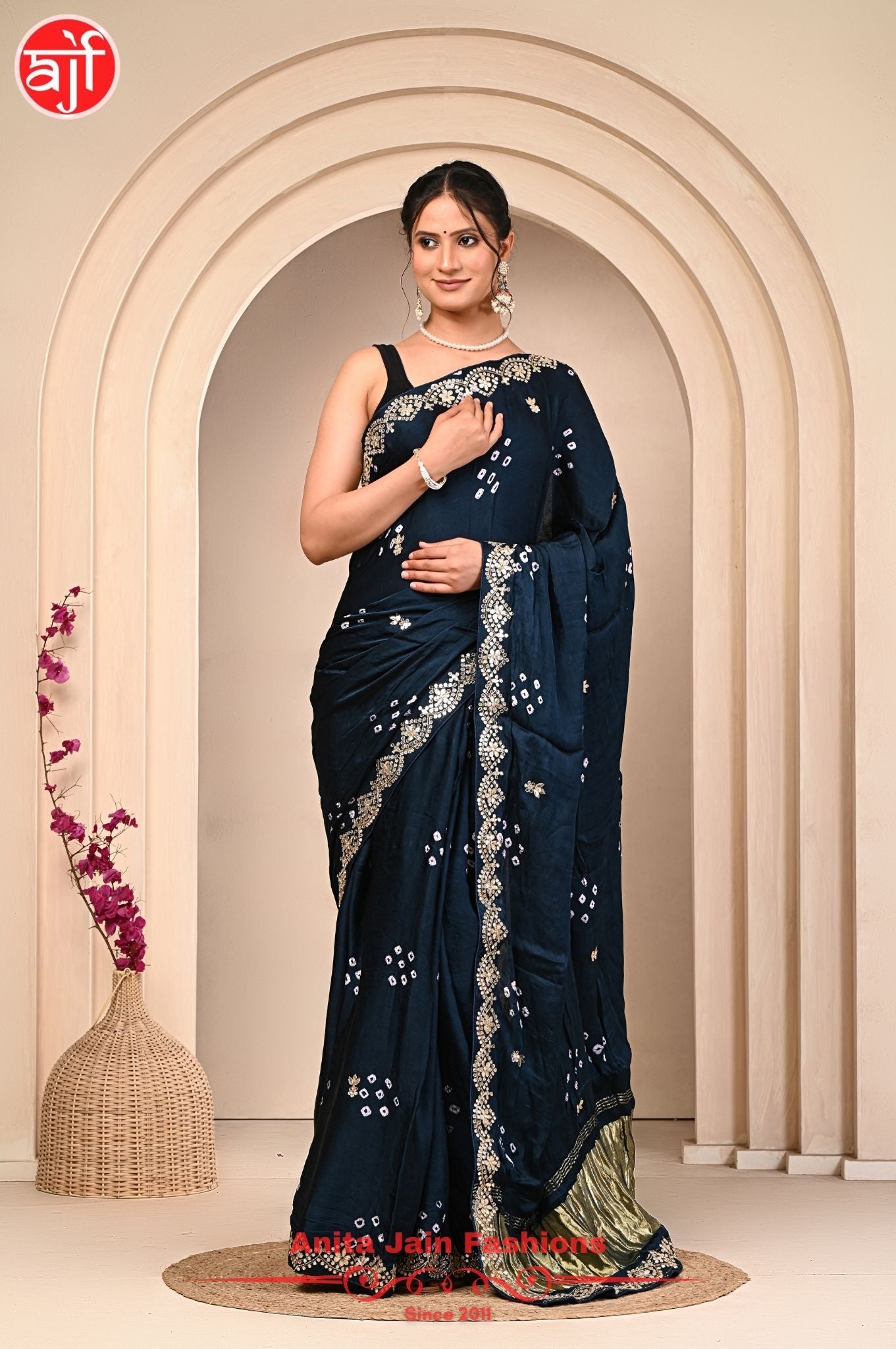 Modal Gajji Silk Saree with Cut Work and Bandhani Design, Includes Blouse Piece