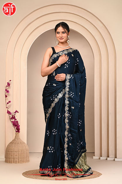 Modal Gajji Silk Saree with Cut Work and Bandhani Design, Includes Blouse Piece