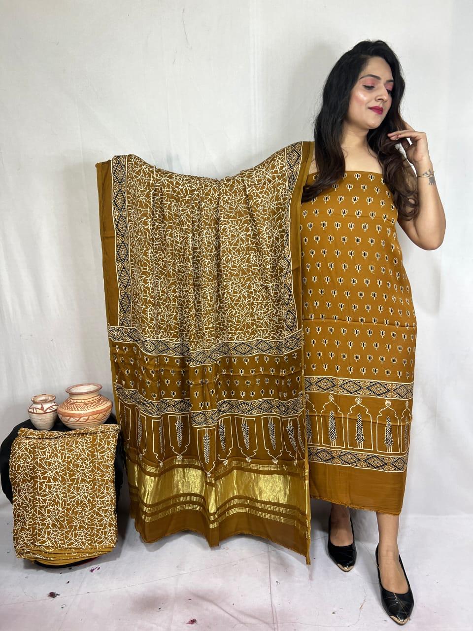 “Mustard Yellow Modaal Gajji Silk Bandhani Suit with Lagdi Patta Dupatta – Anita Jain Fashions”