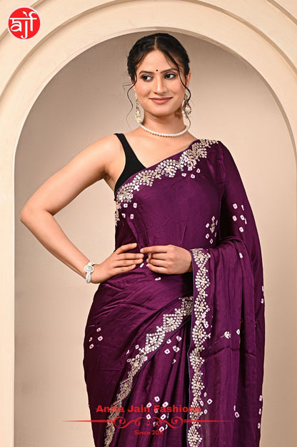 Modal Gajji Silk Saree with Cut Work and Bandhani Design, Includes Blouse Piece