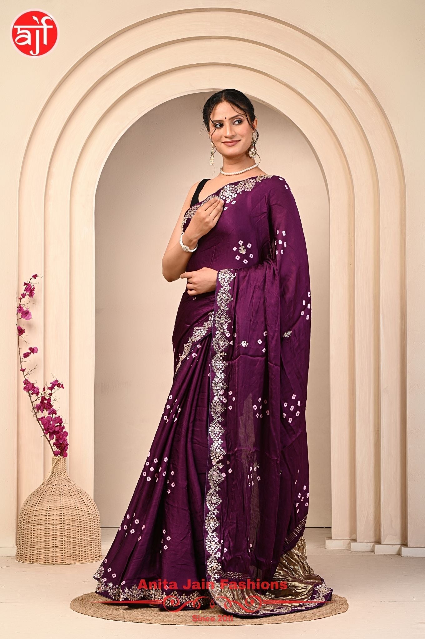 Modal Gajji Silk Saree with Cut Work and Bandhani Design, Includes Blouse Piece
