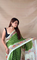 Block-print cotton saree with polka dots and flowers
