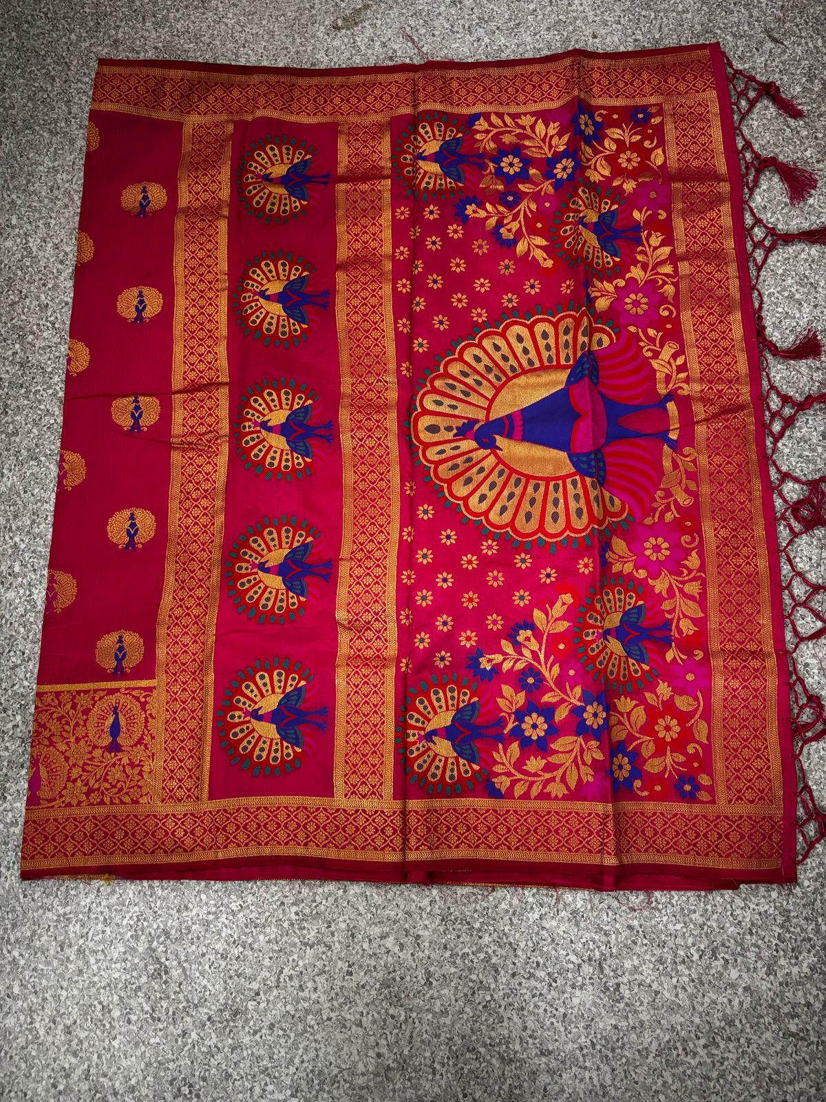 Red Banarasi Silk Saree with Vibrant Blue Peacock and Floral Zari Pallu