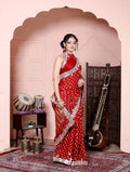 Red Bandhani Saree with White Gota Patti Border