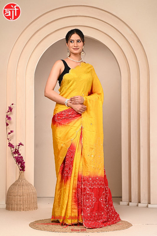 Red Yellow HO Silk Saree with Cut Work and Bandhani Design, Includes Blouse Piece