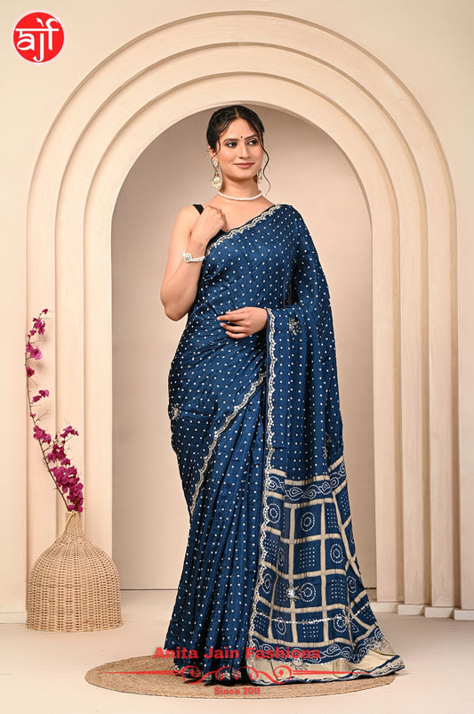 Teal Blue HO Silk Saree with Bandhani Design and Cut Work Border