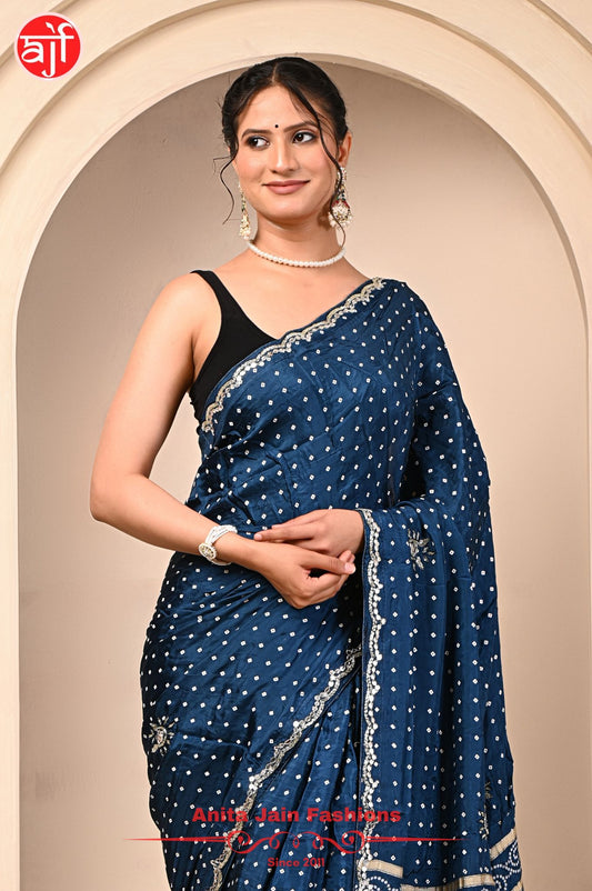 Teal Blue HO Silk Saree with Bandhani Design and Cut Work Border - close up shot