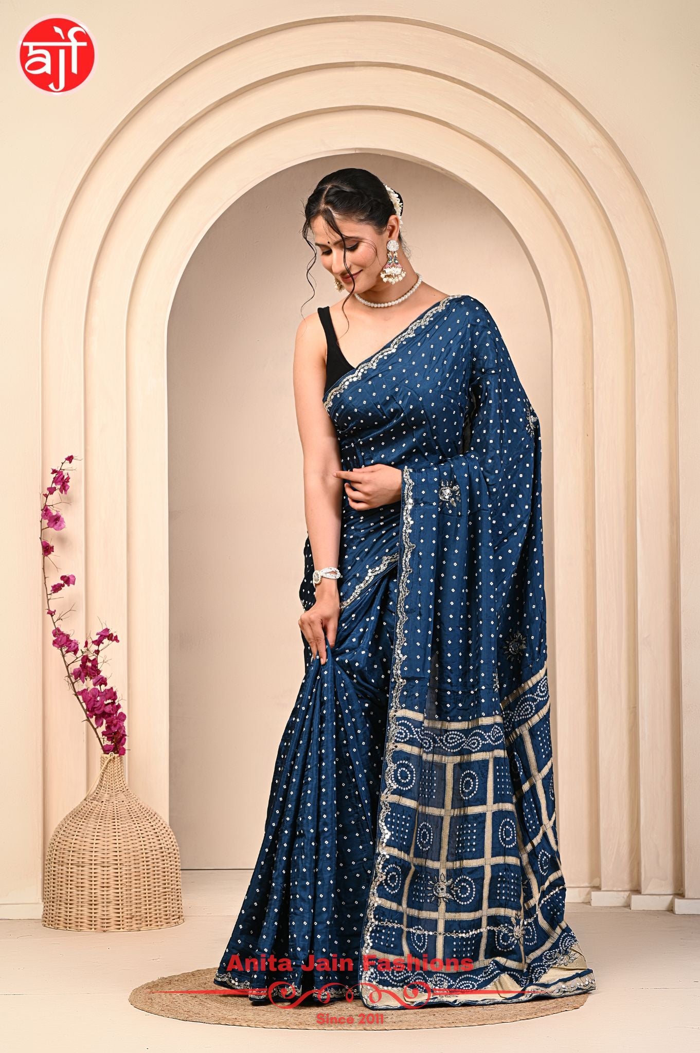 Teal Blue HO Silk Saree with Bandhani Design and Cut Work Border - full body shot
